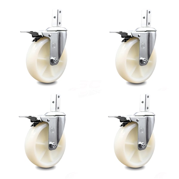 5 Inch Nylon Wheel Swivel 7/8 Inch Square Stem Caster Set Total Lock Brake SCC